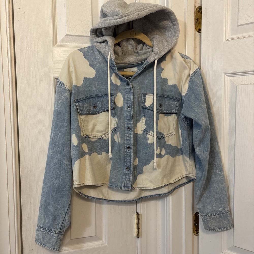 American Eagle Womens Hooded Jean Jacket Bleached Clouds Denim Blue S